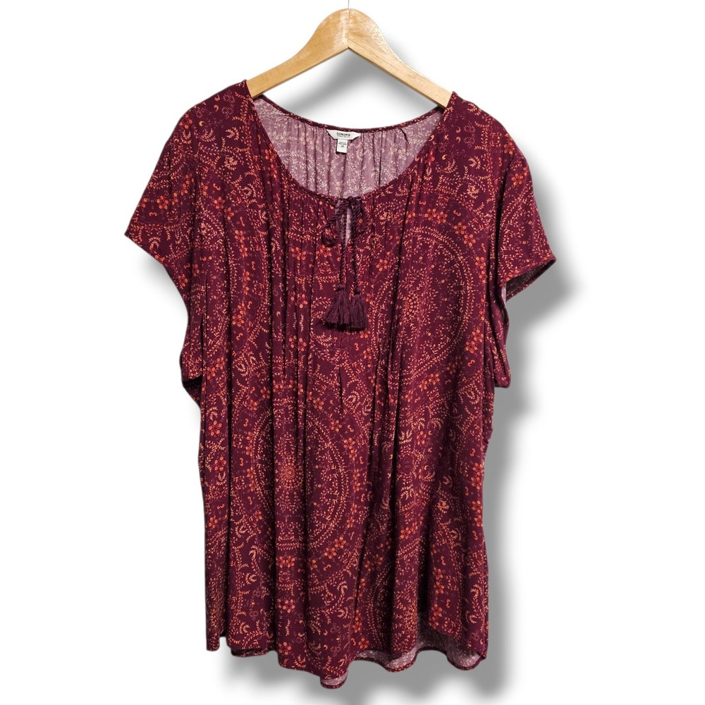 Sonoma Peasant Top 3X Womens Burgundy Mandala Floral Tassel Tie Lightweight Boho